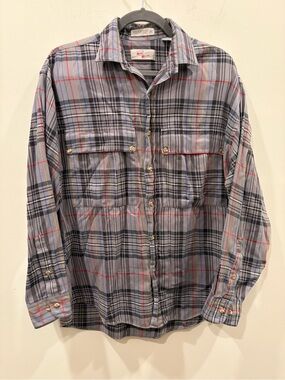 Men's Plaid Button-Down Shirt in Gray and‎ Blue with Subtle Red Trim